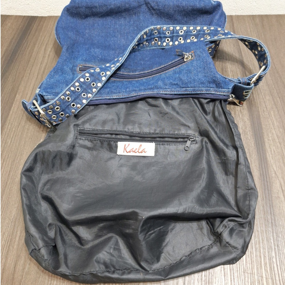Kaela Blue Denim Studded Hobo Shoulder Bag Y2K Grommet Strap Vintage Style - Picture 3 of 8